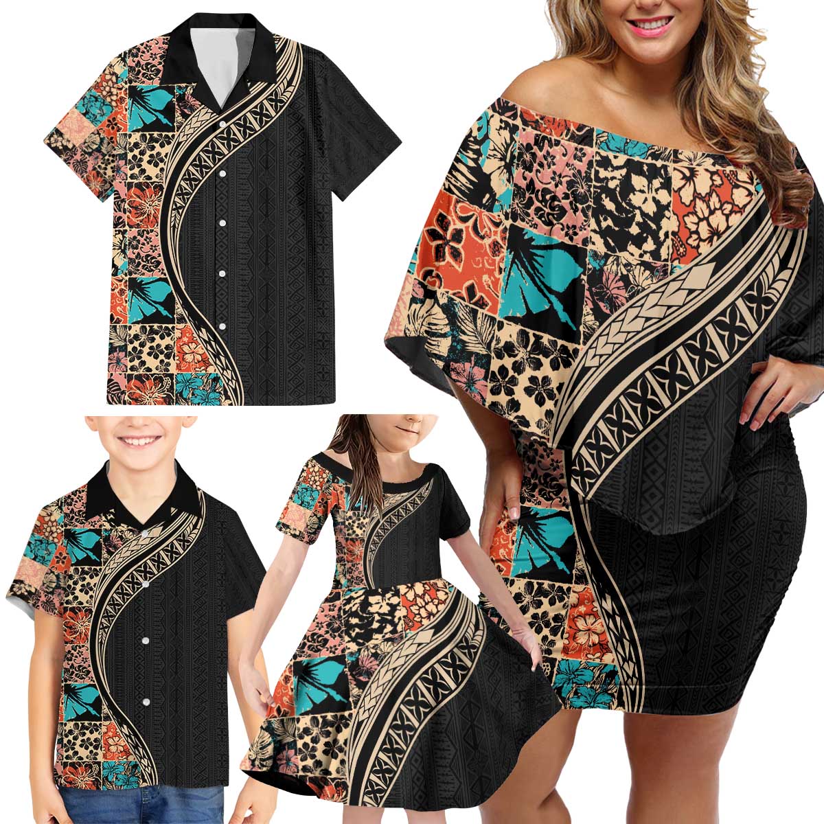 Hawaiian Hibiscus and Tropical Leaves Family Matching Off Shoulder Short Dress and Hawaiian Shirt Patchwork Grunge Abstract and Tapa Tribal Pattern Half Style LT03 - Polynesian Pride