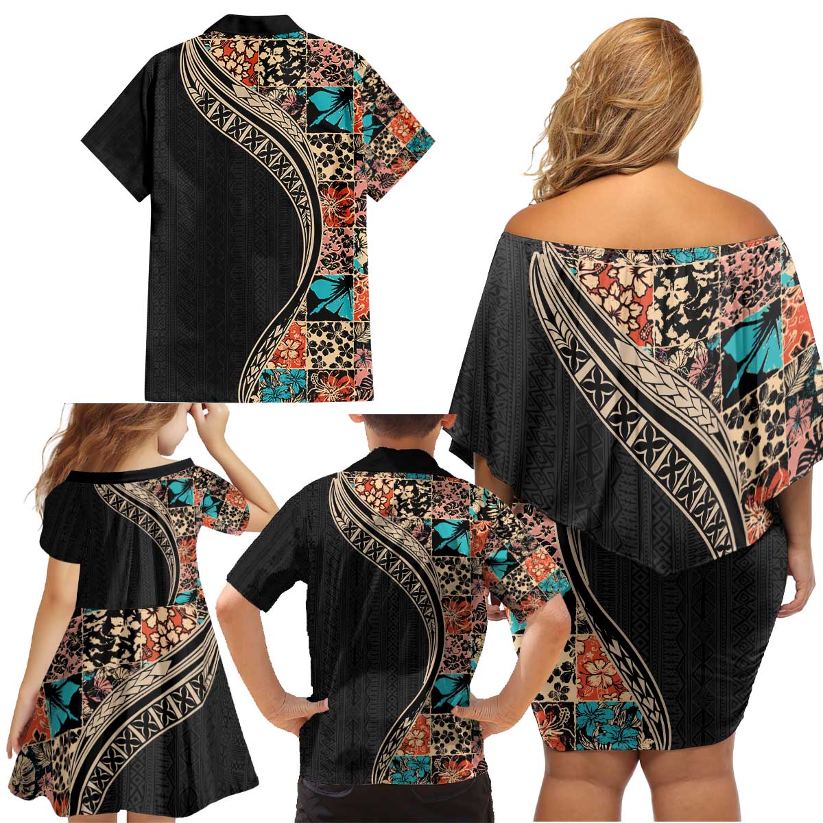 Hawaiian Hibiscus and Tropical Leaves Family Matching Off Shoulder Short Dress and Hawaiian Shirt Patchwork Grunge Abstract and Tapa Tribal Pattern Half Style LT03 - Polynesian Pride