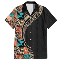 Hawaiian Hibiscus and Tropical Leaves Family Matching Off Shoulder Short Dress and Hawaiian Shirt Patchwork Grunge Abstract and Tapa Tribal Pattern Half Style LT03 Dad's Shirt - Short Sleeve Black - Polynesian Pride