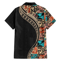Hawaiian Hibiscus and Tropical Leaves Family Matching Off Shoulder Short Dress and Hawaiian Shirt Patchwork Grunge Abstract and Tapa Tribal Pattern Half Style LT03 - Polynesian Pride