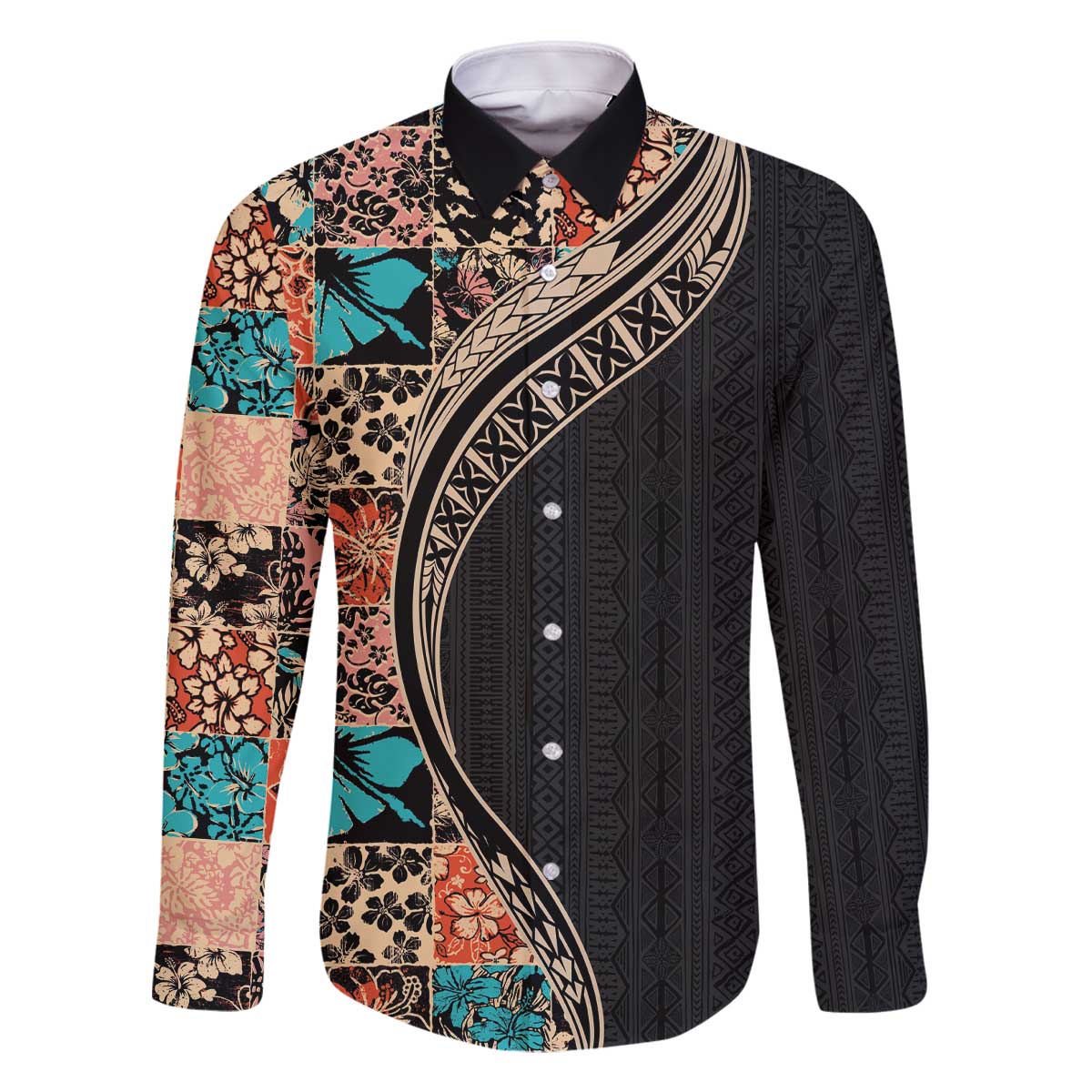Hawaiian Hibiscus and Tropical Leaves Family Matching Off Shoulder Short Dress and Hawaiian Shirt Patchwork Grunge Abstract and Tapa Tribal Pattern Half Style LT03 Dad's Shirt - Long Sleeve Black - Polynesian Pride
