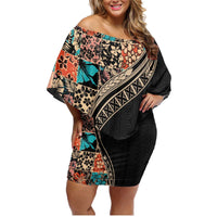 Hawaiian Hibiscus and Tropical Leaves Family Matching Off Shoulder Short Dress and Hawaiian Shirt Patchwork Grunge Abstract and Tapa Tribal Pattern Half Style LT03 Mom's Dress Black - Polynesian Pride