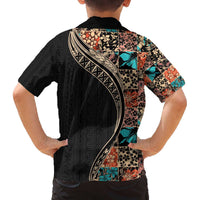 Hawaiian Hibiscus and Tropical Leaves Family Matching Puletasi and Hawaiian Shirt Patchwork Grunge Abstract and Tapa Tribal Pattern Half Style