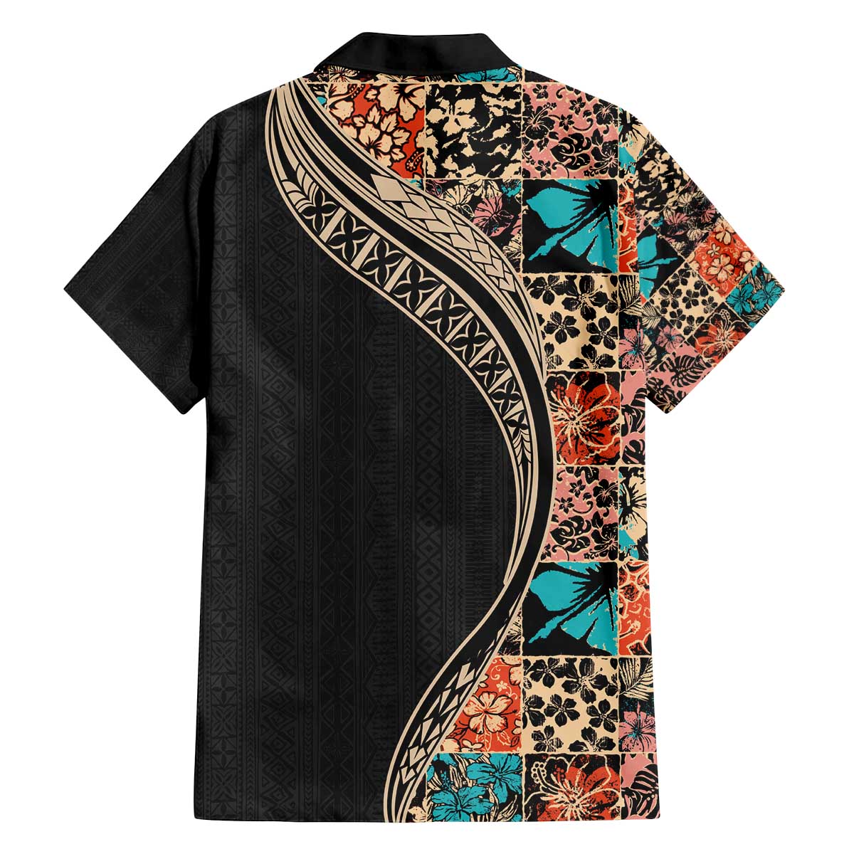 Hawaiian Hibiscus and Tropical Leaves Family Matching Puletasi and Hawaiian Shirt Patchwork Grunge Abstract and Tapa Tribal Pattern Half Style