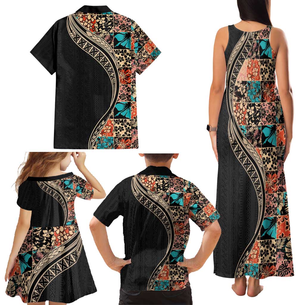Hawaiian Hibiscus and Tropical Leaves Family Matching Tank Maxi Dress and Hawaiian Shirt Patchwork Grunge Abstract and Tapa Tribal Pattern Half Style LT03 - Polynesian Pride