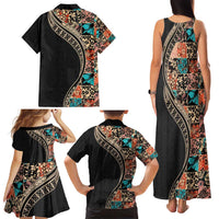 Hawaiian Hibiscus and Tropical Leaves Family Matching Tank Maxi Dress and Hawaiian Shirt Patchwork Grunge Abstract and Tapa Tribal Pattern Half Style LT03 - Polynesian Pride