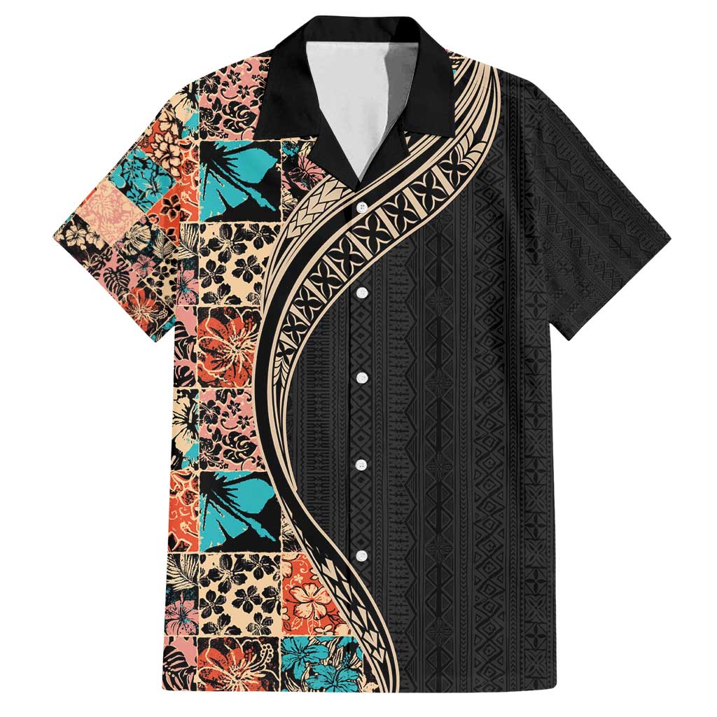 Hawaiian Hibiscus and Tropical Leaves Family Matching Tank Maxi Dress and Hawaiian Shirt Patchwork Grunge Abstract and Tapa Tribal Pattern Half Style LT03 Dad's Shirt - Short Sleeve Black - Polynesian Pride