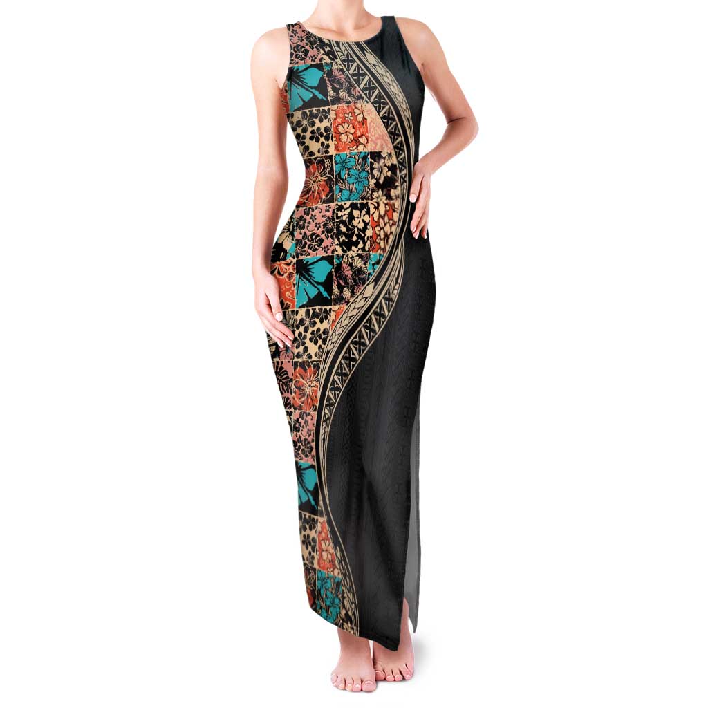 Hawaiian Hibiscus and Tropical Leaves Family Matching Tank Maxi Dress and Hawaiian Shirt Patchwork Grunge Abstract and Tapa Tribal Pattern Half Style LT03 Mom's Dress Black - Polynesian Pride
