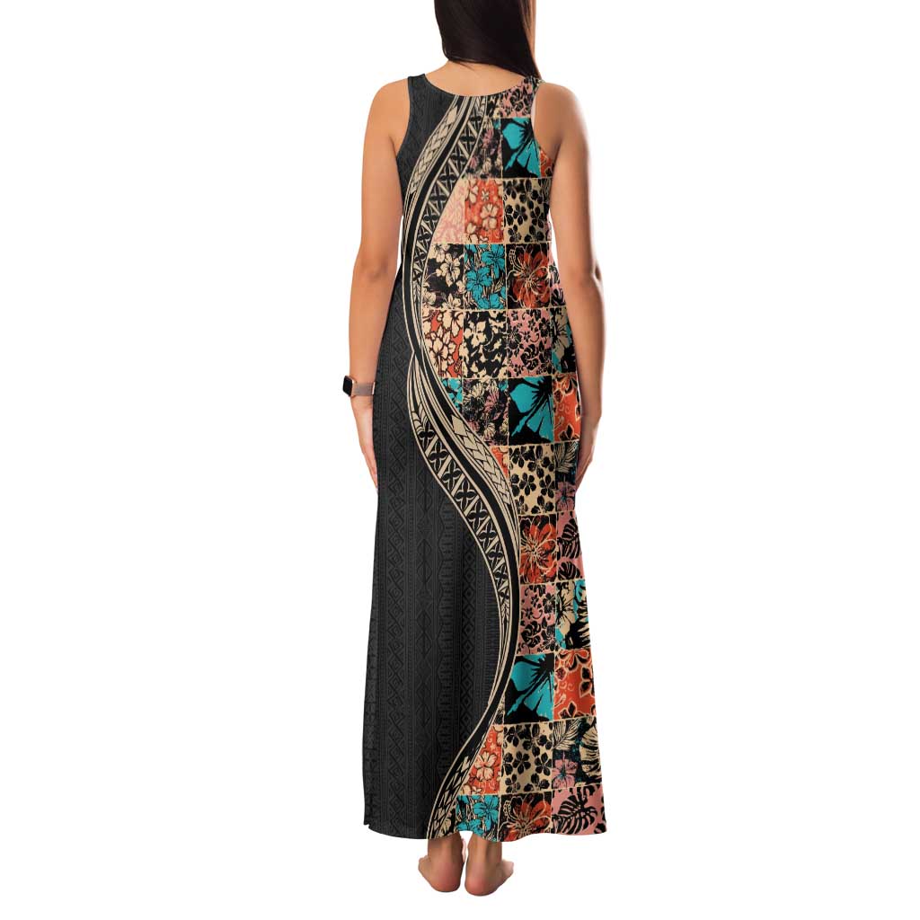 Hawaiian Hibiscus and Tropical Leaves Family Matching Tank Maxi Dress and Hawaiian Shirt Patchwork Grunge Abstract and Tapa Tribal Pattern Half Style LT03 - Polynesian Pride