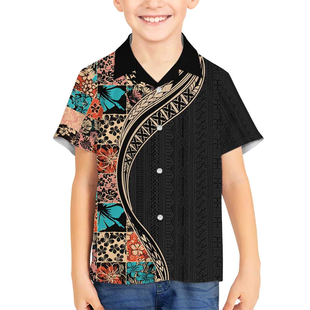 Hawaiian Hibiscus and Tropical Leaves Family Matching Tank Maxi Dress and Hawaiian Shirt Patchwork Grunge Abstract and Tapa Tribal Pattern Half Style LT03 Son's Shirt Black - Polynesian Pride
