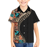 Hawaiian Hibiscus and Tropical Leaves Family Matching Tank Maxi Dress and Hawaiian Shirt Patchwork Grunge Abstract and Tapa Tribal Pattern Half Style LT03 Son's Shirt Black - Polynesian Pride