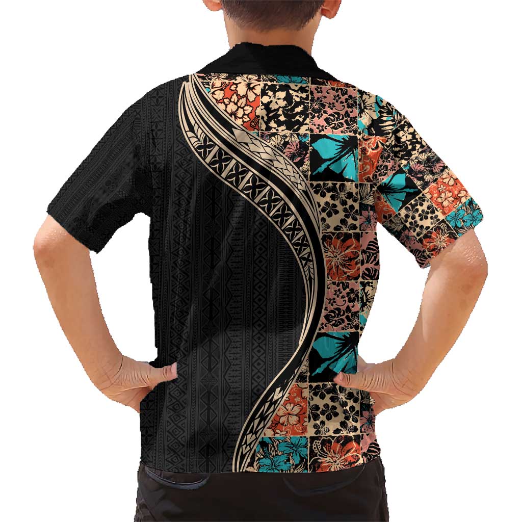 Hawaiian Hibiscus and Tropical Leaves Hawaiian Shirt Patchwork Grunge Abstract and Tapa Tribal Pattern Half Style