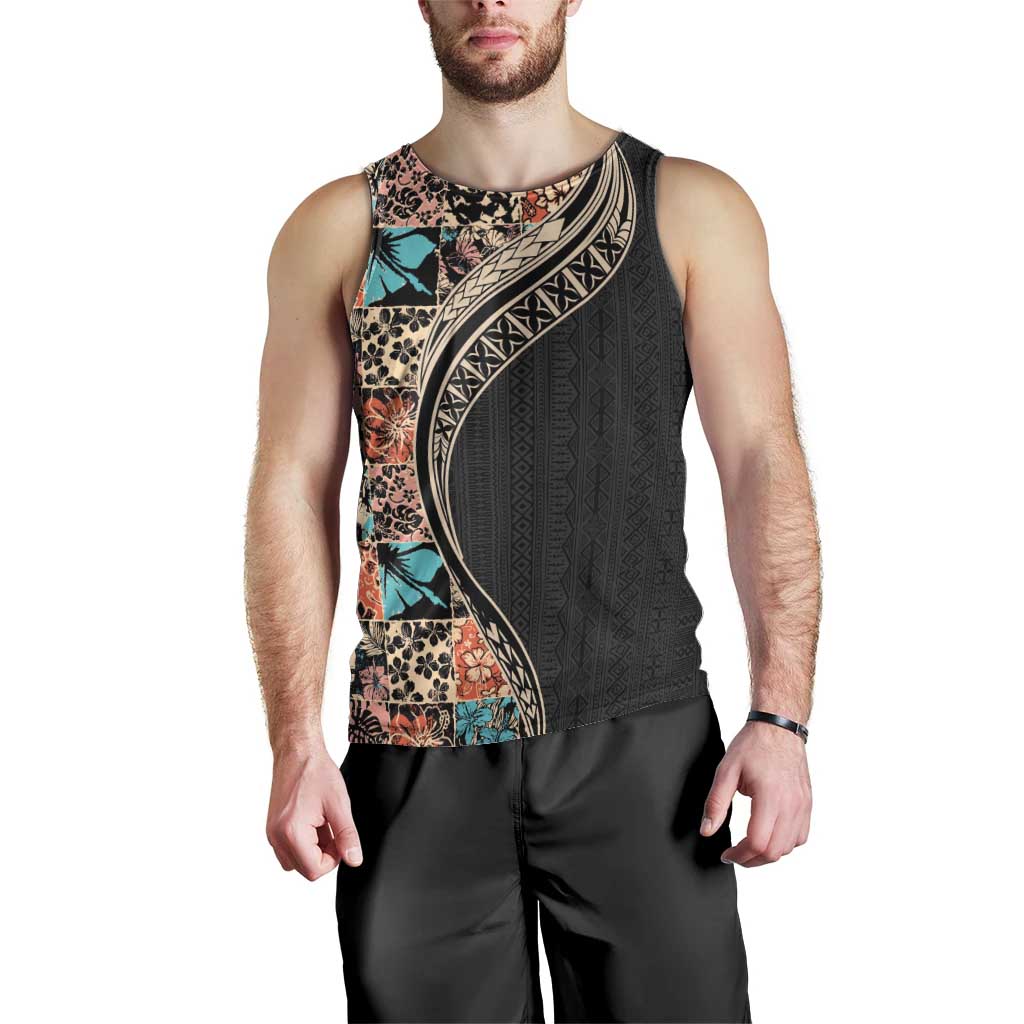 Hawaiian Hibiscus and Tropical Leaves Men Tank Top Patchwork Grunge Abstract and Tapa Tribal Pattern Half Style