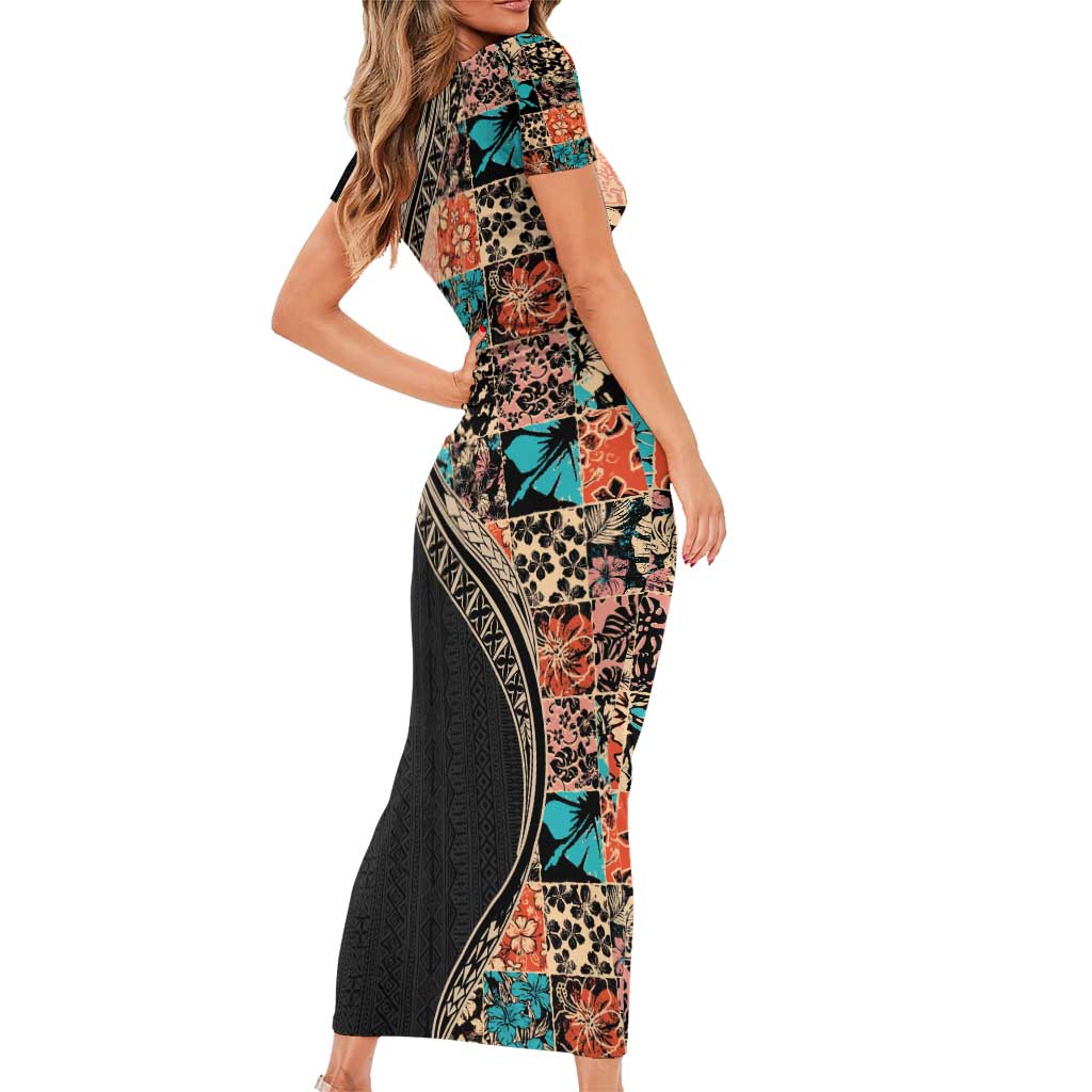 Hawaiian Hibiscus and Tropical Leaves Short Sleeve Bodycon Dress Patchwork Grunge Abstract and Tapa Tribal Pattern Half Style