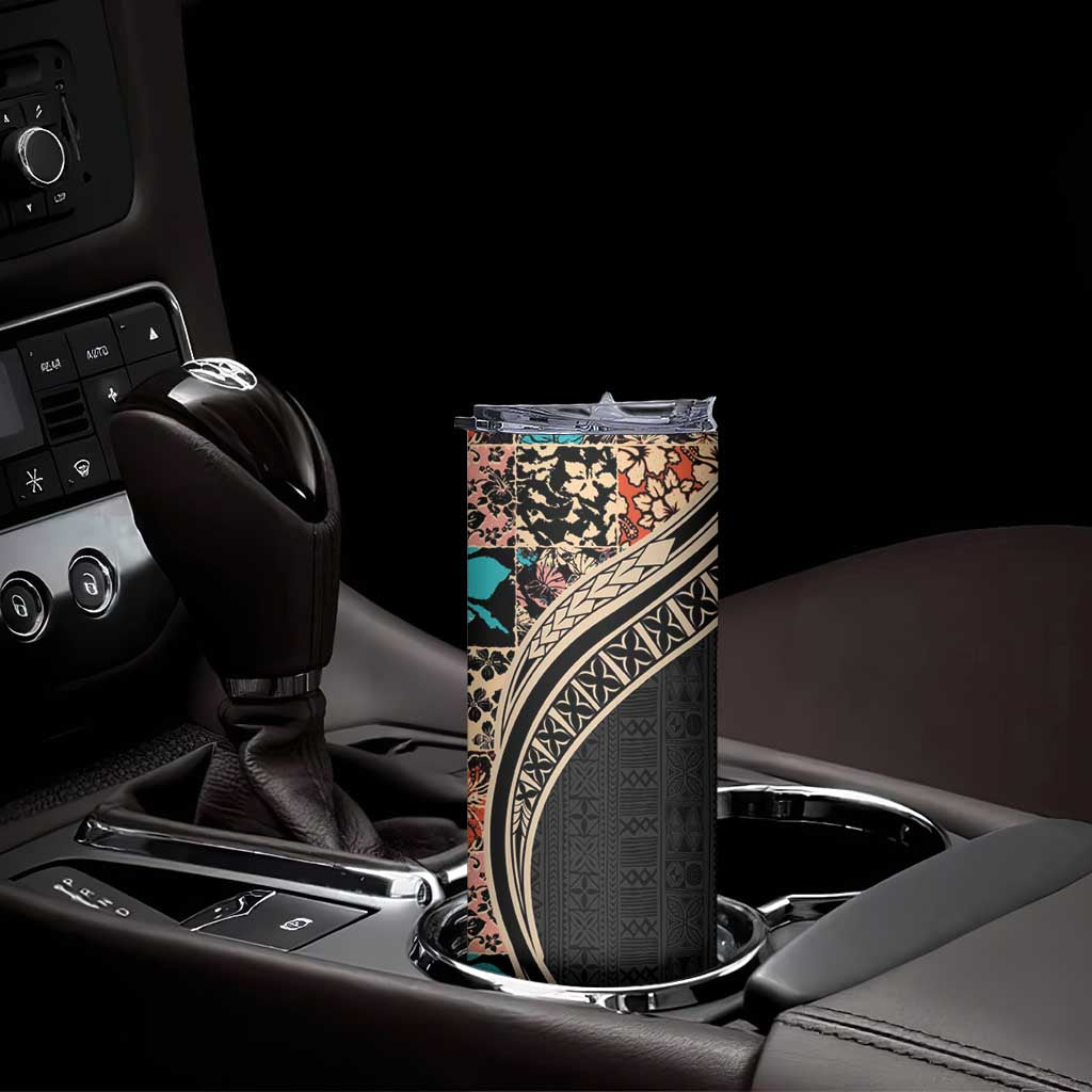 Hawaiian Hibiscus and Tropical Leaves Skinny Tumbler Patchwork Grunge Abstract and Tapa Tribal Pattern Half Style