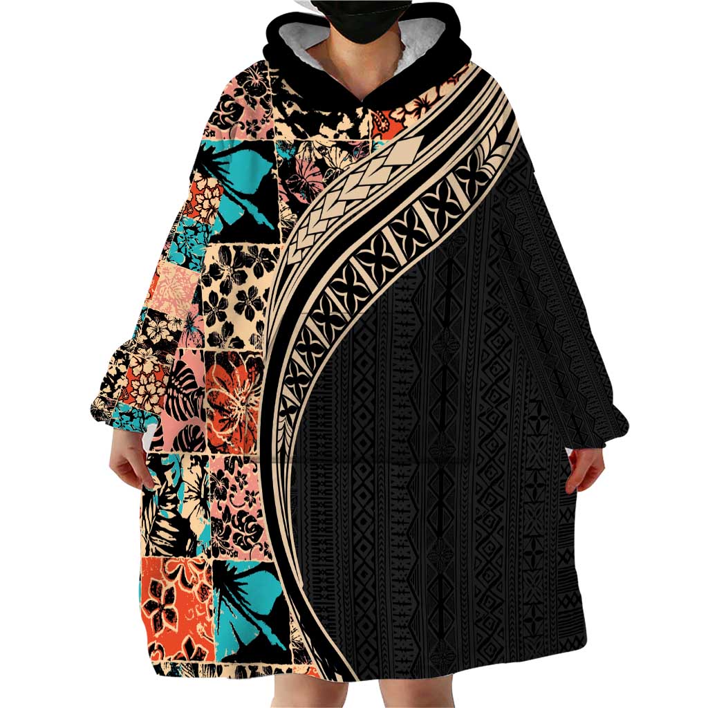 Hawaiian Hibiscus and Tropical Leaves Wearable Blanket Hoodie Patchwork Grunge Abstract and Tapa Tribal Pattern Half Style