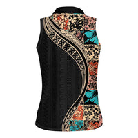 Hawaiian Hibiscus and Tropical Leaves Women Sleeveless Polo Shirt Patchwork Grunge Abstract and Tapa Tribal Pattern Half Style