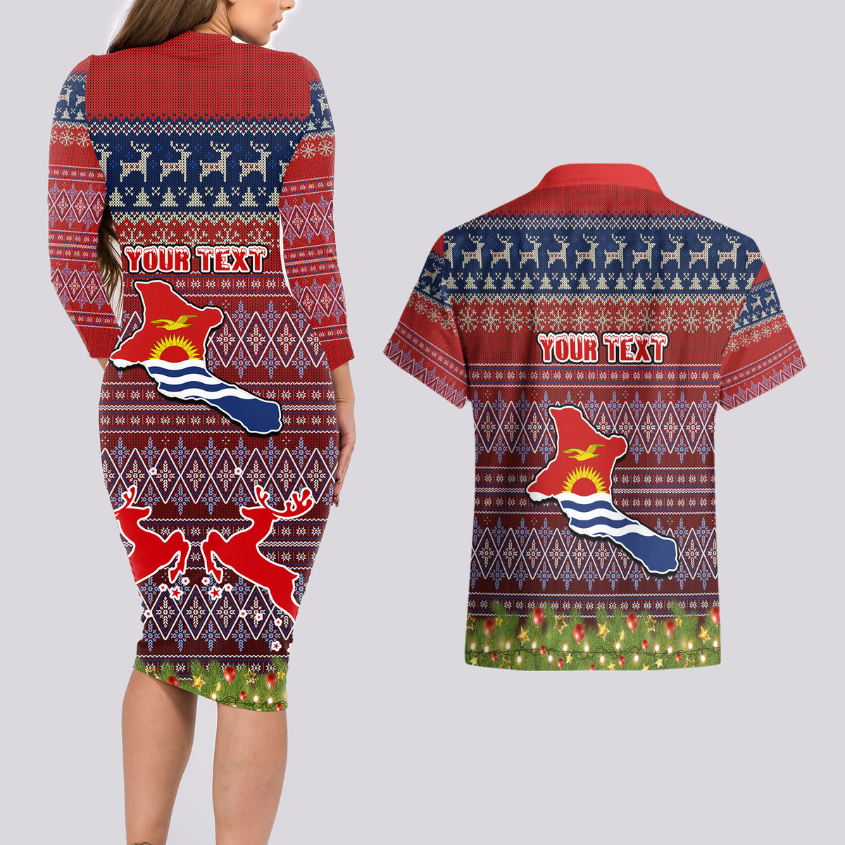 Personalised Kiribati Christmas Couples Matching Long Sleeve Bodycon Dress and Hawaiian Shirt Coat of Arms and Map Beautiful Merry Xmas Snowflake LT03 - Polynesian Pride