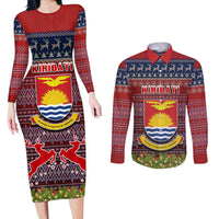 Personalised Kiribati Christmas Couples Matching Long Sleeve Bodycon Dress and Long Sleeve Button Shirts Coat of Arms and Map Beautiful Merry Xmas Snowflake LT03 Red - Polynesian Pride