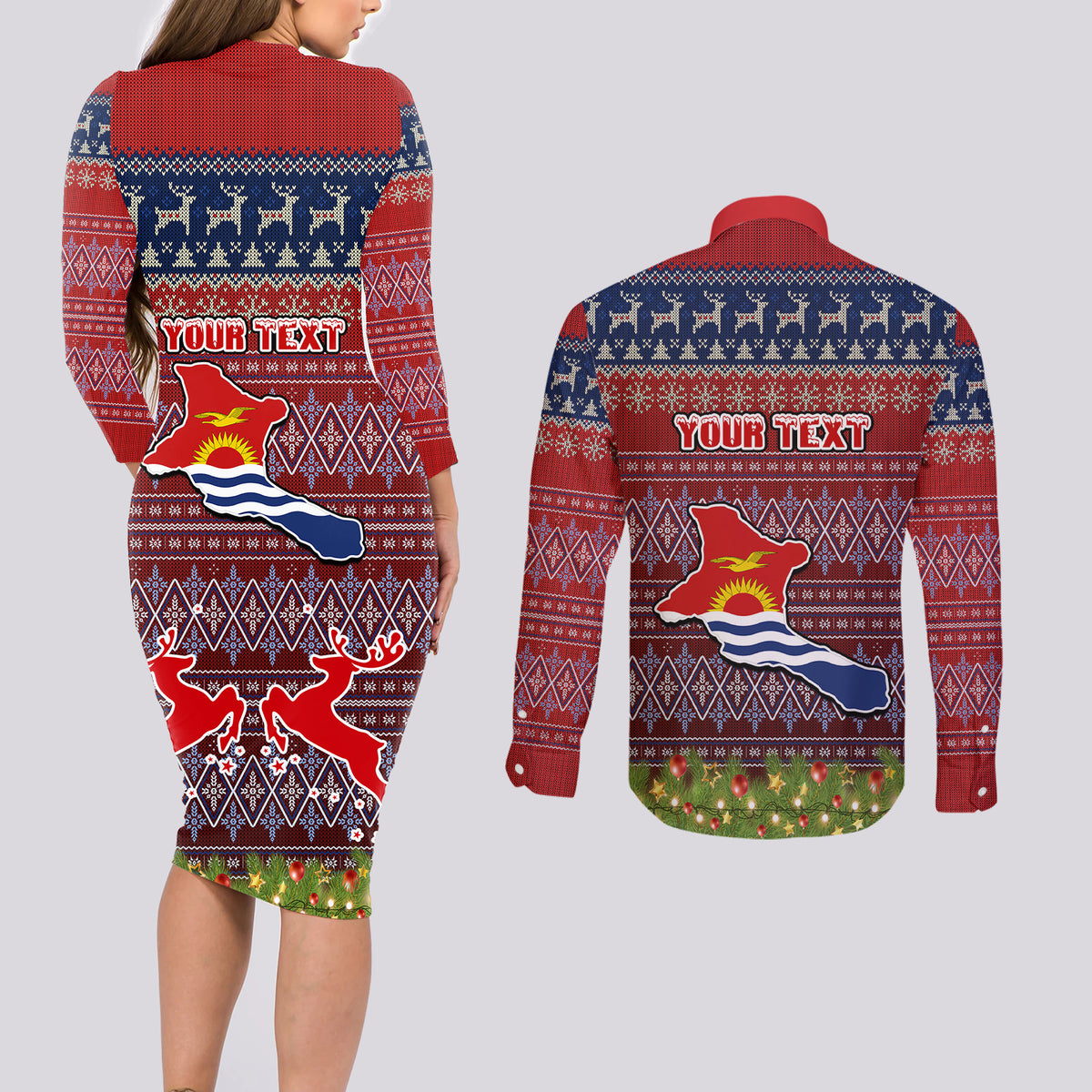 Personalised Kiribati Christmas Couples Matching Long Sleeve Bodycon Dress and Long Sleeve Button Shirts Coat of Arms and Map Beautiful Merry Xmas Snowflake LT03 - Polynesian Pride