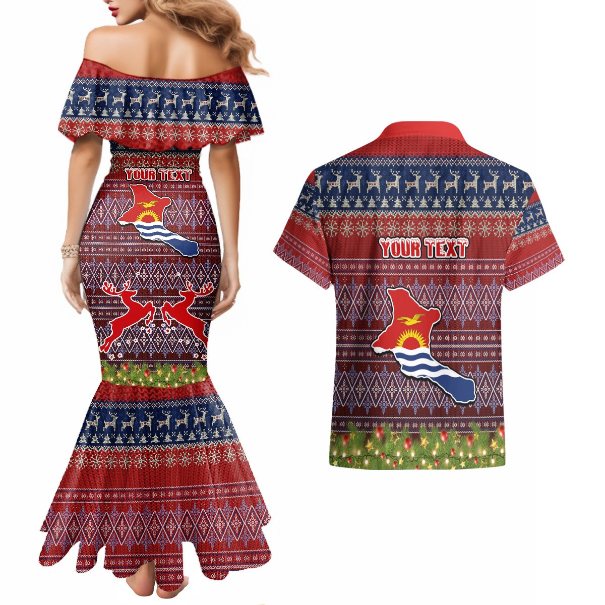 Personalised Kiribati Christmas Couples Matching Mermaid Dress and Hawaiian Shirt Coat of Arms and Map Beautiful Merry Xmas Snowflake LT03 - Polynesian Pride