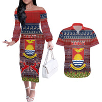 Personalised Kiribati Christmas Couples Matching Off The Shoulder Long Sleeve Dress and Hawaiian Shirt Coat of Arms and Map Beautiful Merry Xmas Snowflake LT03 Red - Polynesian Pride