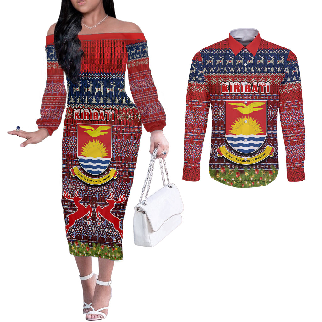 Personalised Kiribati Christmas Couples Matching Off The Shoulder Long Sleeve Dress and Long Sleeve Button Shirts Coat of Arms and Map Beautiful Merry Xmas Snowflake LT03 Red - Polynesian Pride