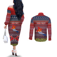 Personalised Kiribati Christmas Couples Matching Off The Shoulder Long Sleeve Dress and Long Sleeve Button Shirts Coat of Arms and Map Beautiful Merry Xmas Snowflake LT03 - Polynesian Pride