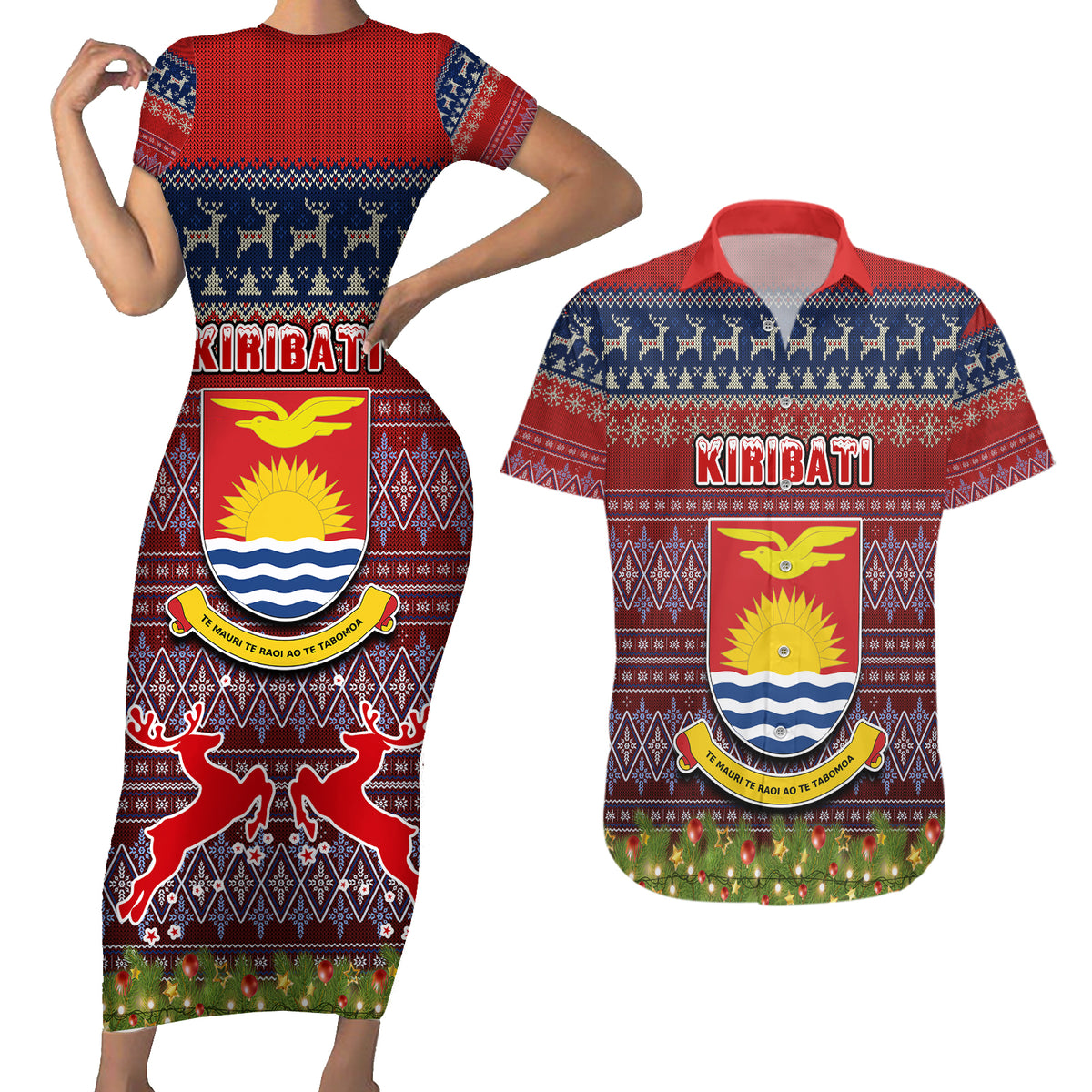 Personalised Kiribati Christmas Couples Matching Short Sleeve Bodycon Dress and Hawaiian Shirt Coat of Arms and Map Beautiful Merry Xmas Snowflake LT03 Red - Polynesian Pride