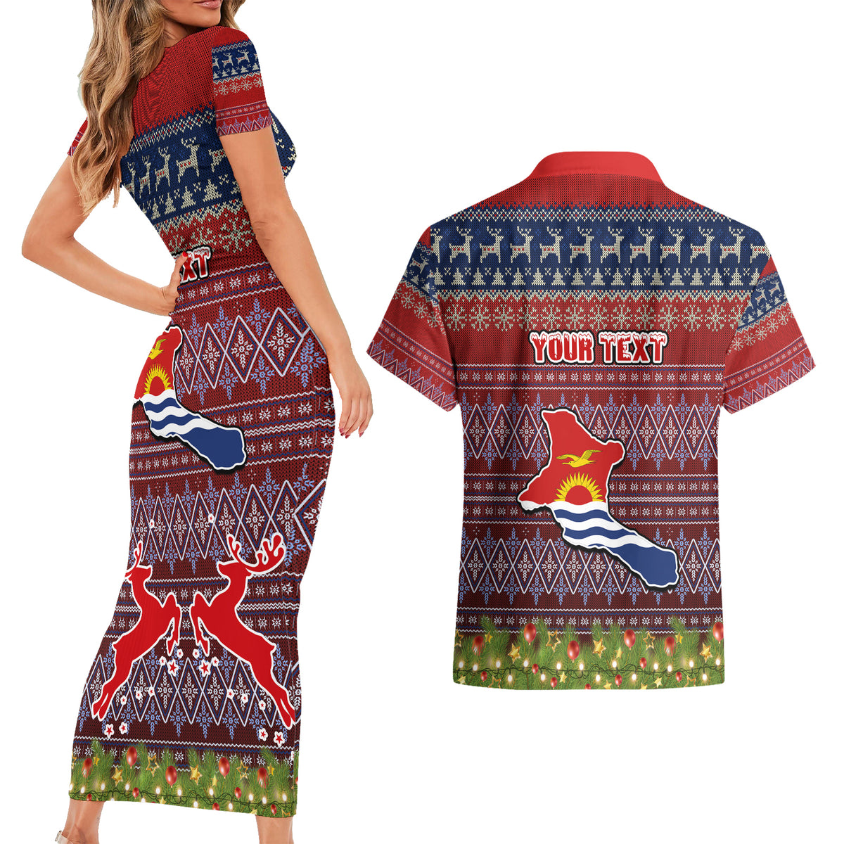 Personalised Kiribati Christmas Couples Matching Short Sleeve Bodycon Dress and Hawaiian Shirt Coat of Arms and Map Beautiful Merry Xmas Snowflake LT03 - Polynesian Pride