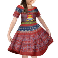 Personalised Kiribati Christmas Family Matching Long Sleeve Bodycon Dress and Hawaiian Shirt Coat of Arms and Map Beautiful Merry Xmas Snowflake LT03 Daughter's Dress Red - Polynesian Pride