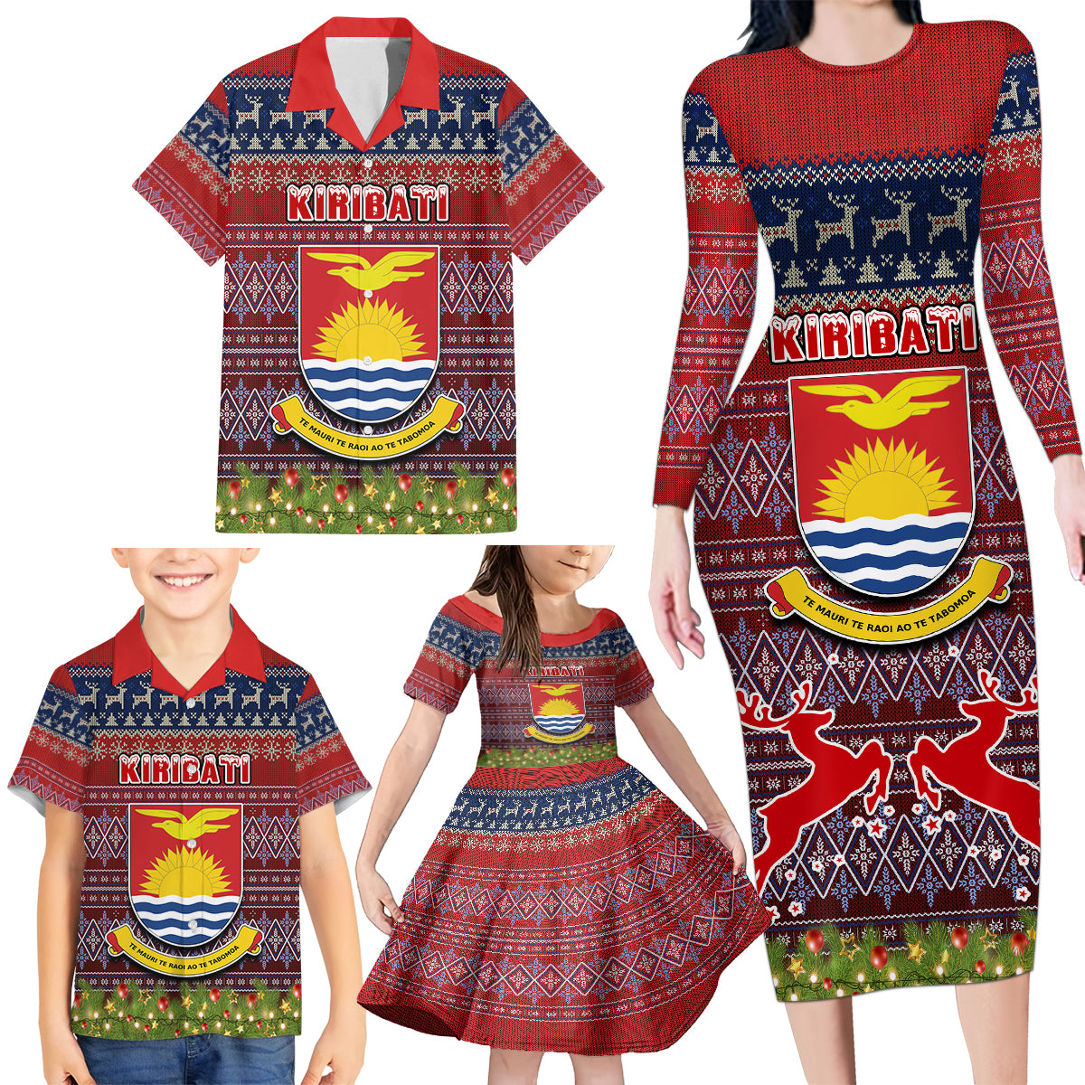 Personalised Kiribati Christmas Family Matching Long Sleeve Bodycon Dress and Hawaiian Shirt Coat of Arms and Map Beautiful Merry Xmas Snowflake LT03 - Polynesian Pride