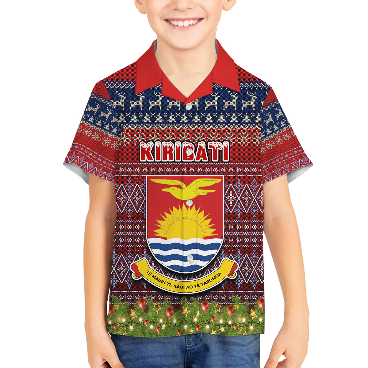 Personalised Kiribati Christmas Family Matching Long Sleeve Bodycon Dress and Hawaiian Shirt Coat of Arms and Map Beautiful Merry Xmas Snowflake LT03 Son's Shirt Red - Polynesian Pride
