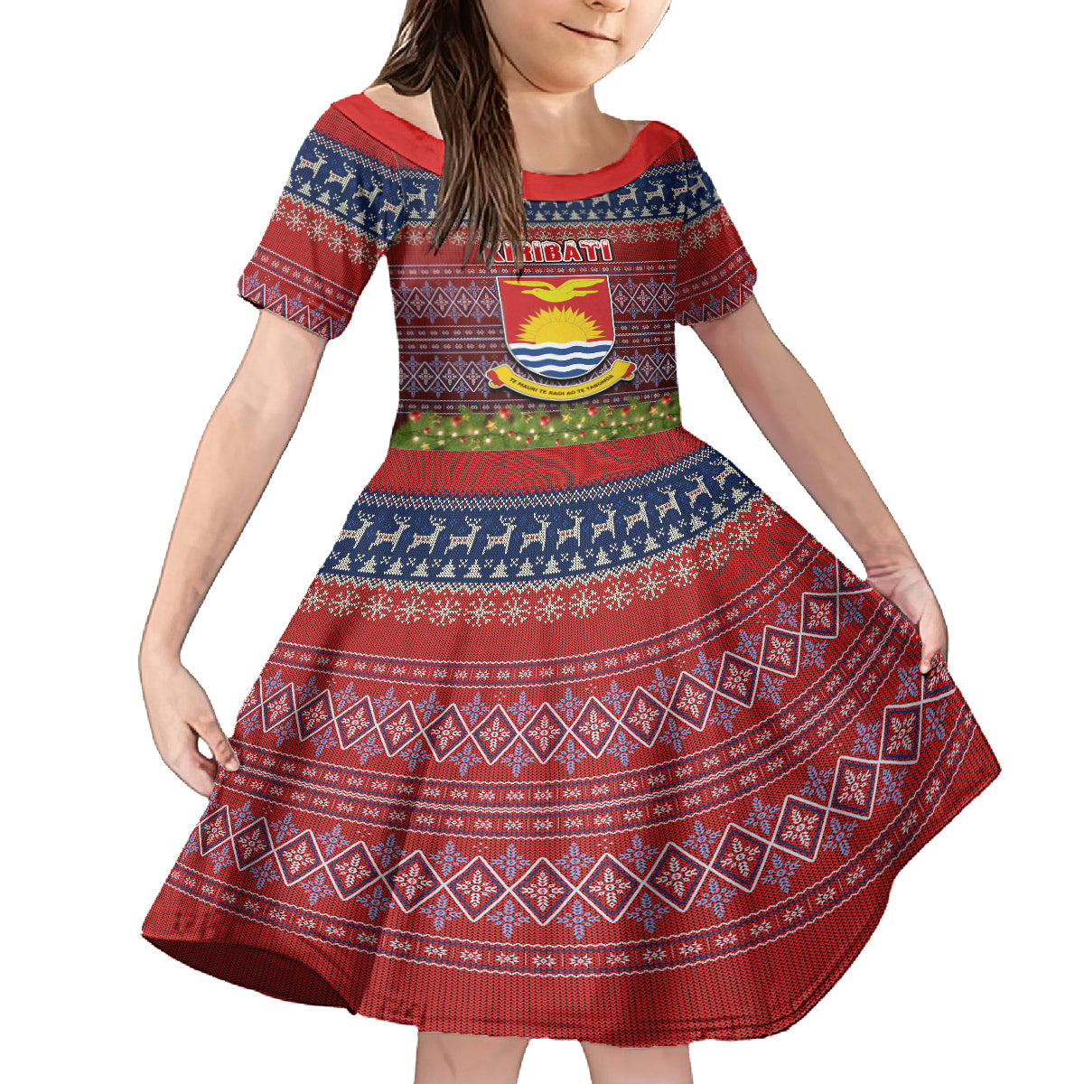 Personalised Kiribati Christmas Family Matching Off Shoulder Long Sleeve Dress and Hawaiian Shirt Coat of Arms and Map Beautiful Merry Xmas Snowflake LT03 Daughter's Dress Red - Polynesian Pride