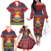 Personalised Kiribati Christmas Family Matching Off Shoulder Long Sleeve Dress and Hawaiian Shirt Coat of Arms and Map Beautiful Merry Xmas Snowflake LT03 - Polynesian Pride