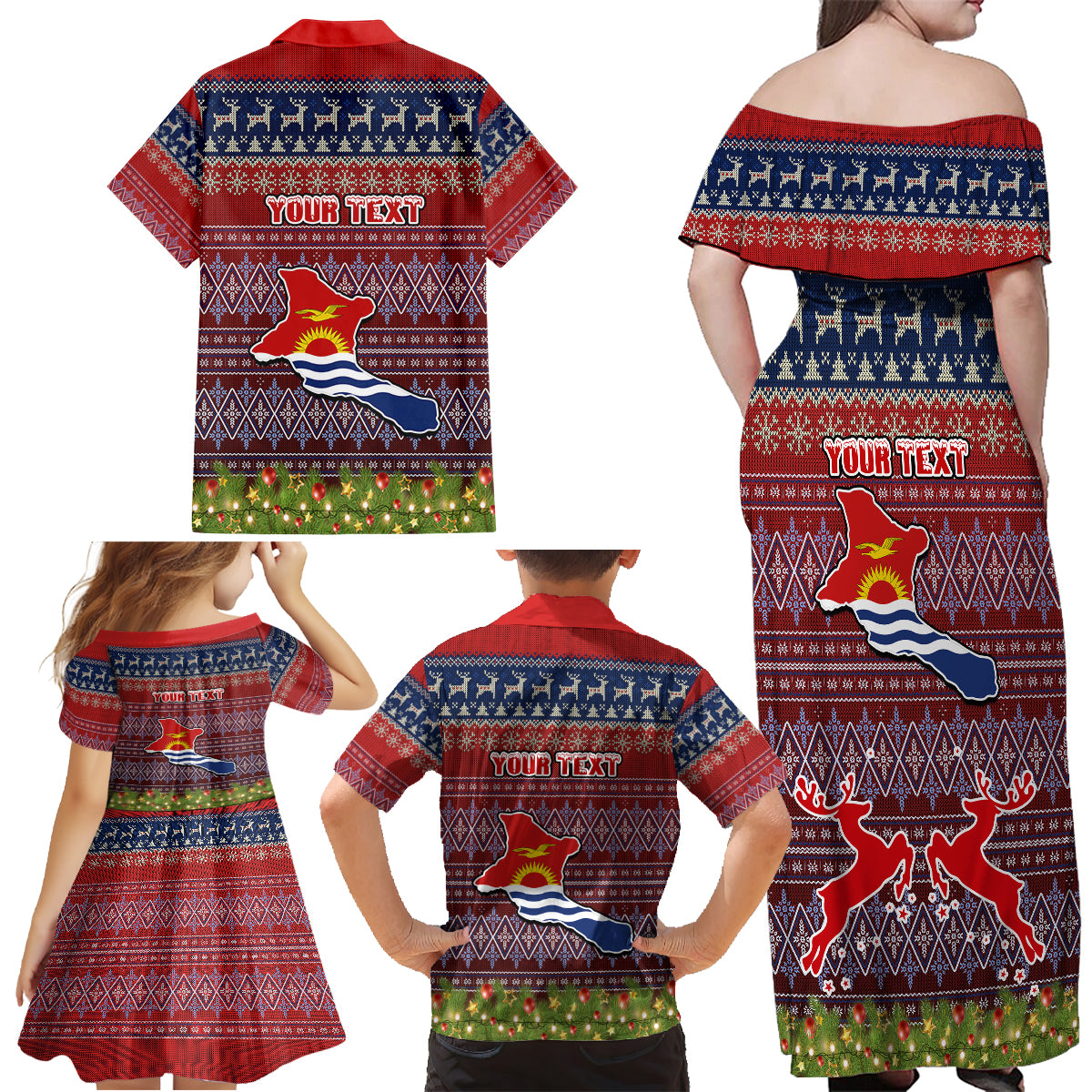 Personalised Kiribati Christmas Family Matching Off Shoulder Long Sleeve Dress and Hawaiian Shirt Coat of Arms and Map Beautiful Merry Xmas Snowflake LT03 - Polynesian Pride