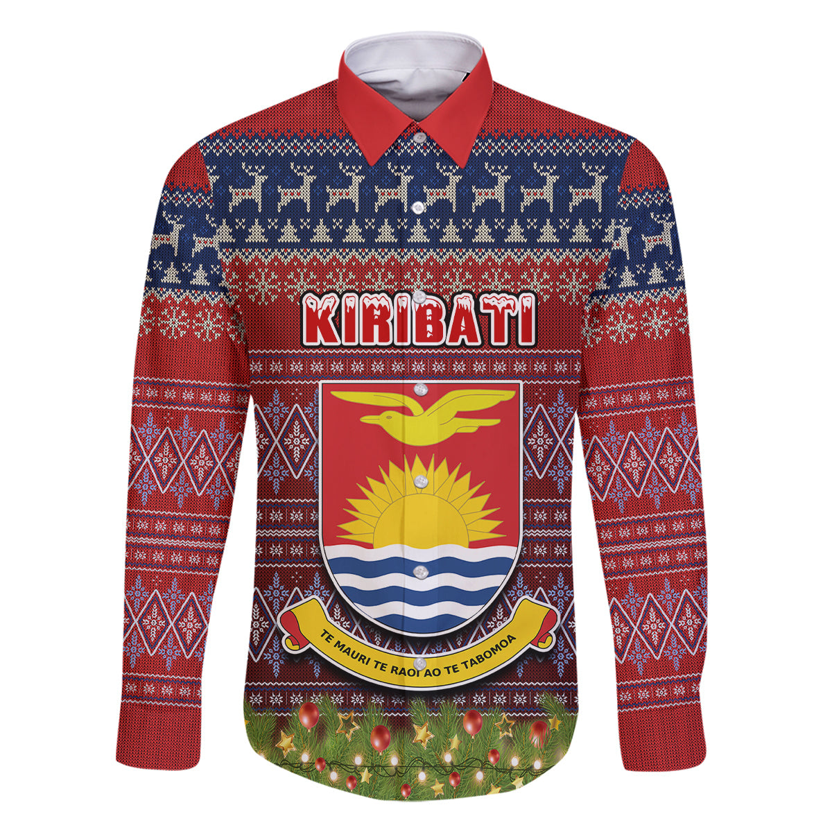 Personalised Kiribati Christmas Family Matching Off Shoulder Short Dress and Hawaiian Shirt Coat of Arms and Map Beautiful Merry Xmas Snowflake LT03 Dad's Shirt - Long Sleeve Red - Polynesian Pride