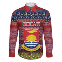 Personalised Kiribati Christmas Family Matching Off Shoulder Short Dress and Hawaiian Shirt Coat of Arms and Map Beautiful Merry Xmas Snowflake LT03 Dad's Shirt - Long Sleeve Red - Polynesian Pride