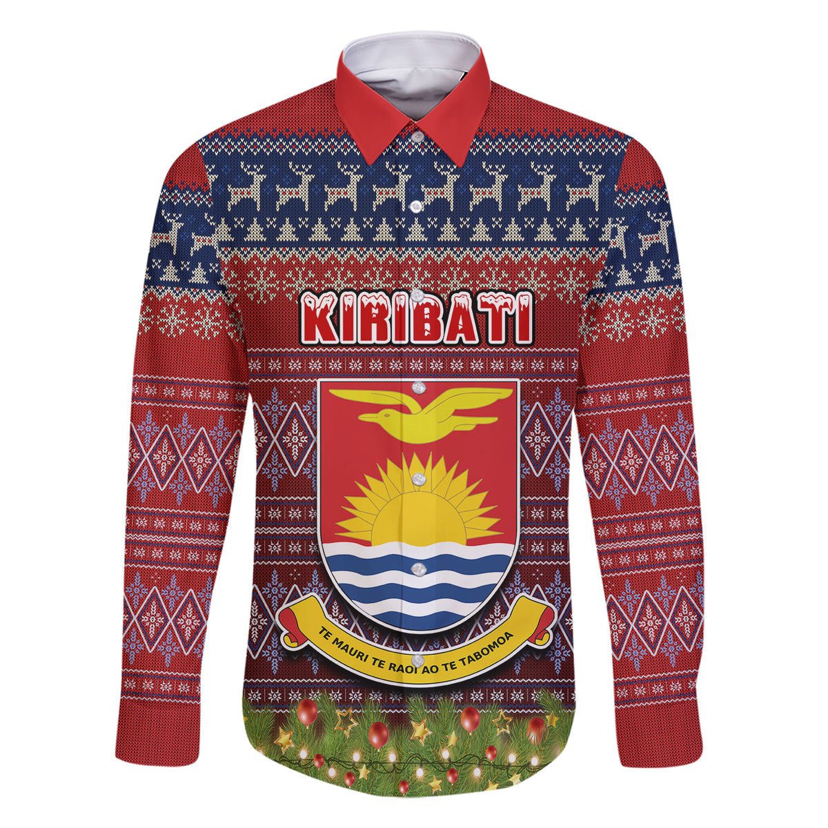 Personalised Kiribati Christmas Family Matching Short Sleeve Bodycon Dress and Hawaiian Shirt Coat of Arms and Map Beautiful Merry Xmas Snowflake LT03 Dad's Shirt - Long Sleeve Red - Polynesian Pride