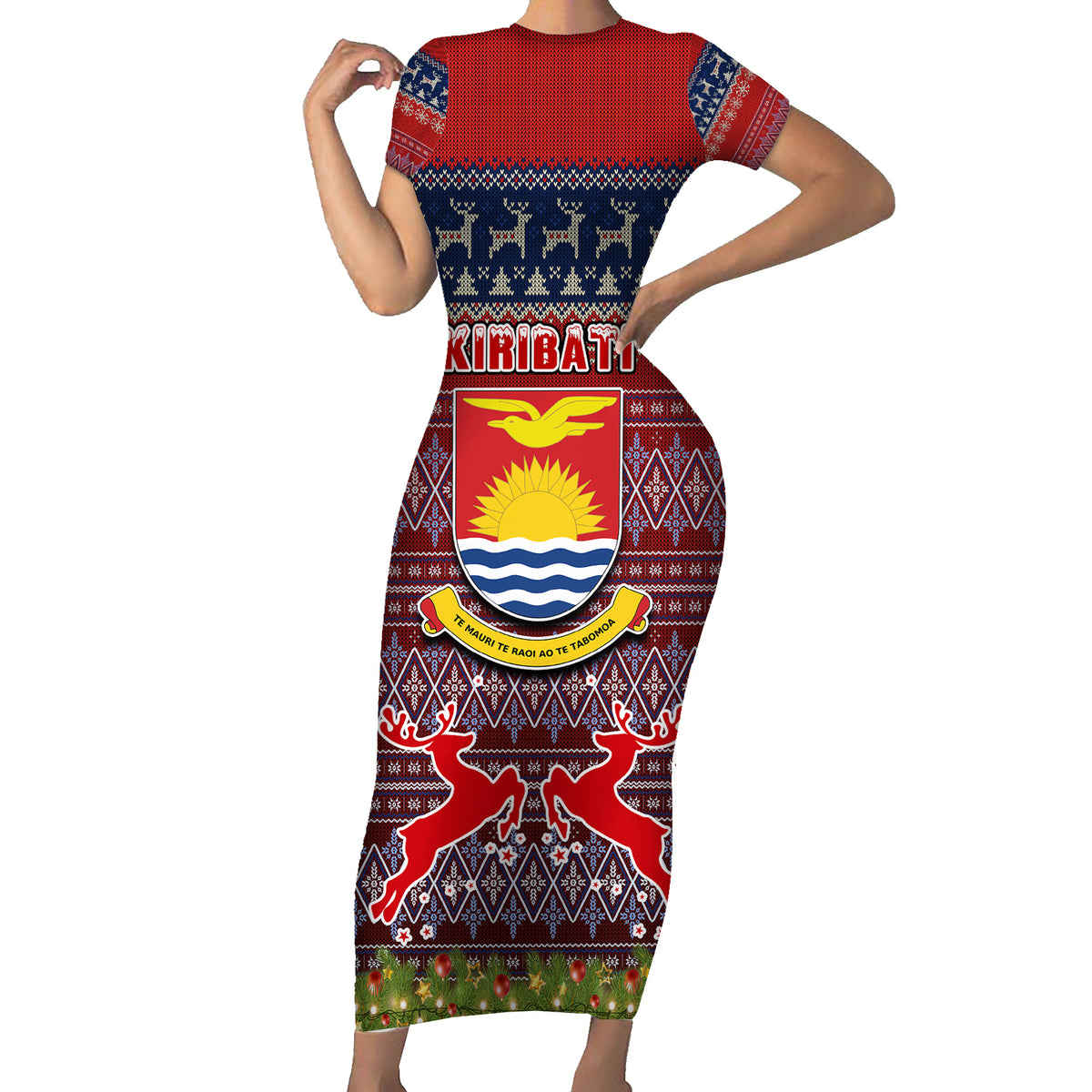 Personalised Kiribati Christmas Family Matching Short Sleeve Bodycon Dress and Hawaiian Shirt Coat of Arms and Map Beautiful Merry Xmas Snowflake LT03 Mom's Dress Red - Polynesian Pride