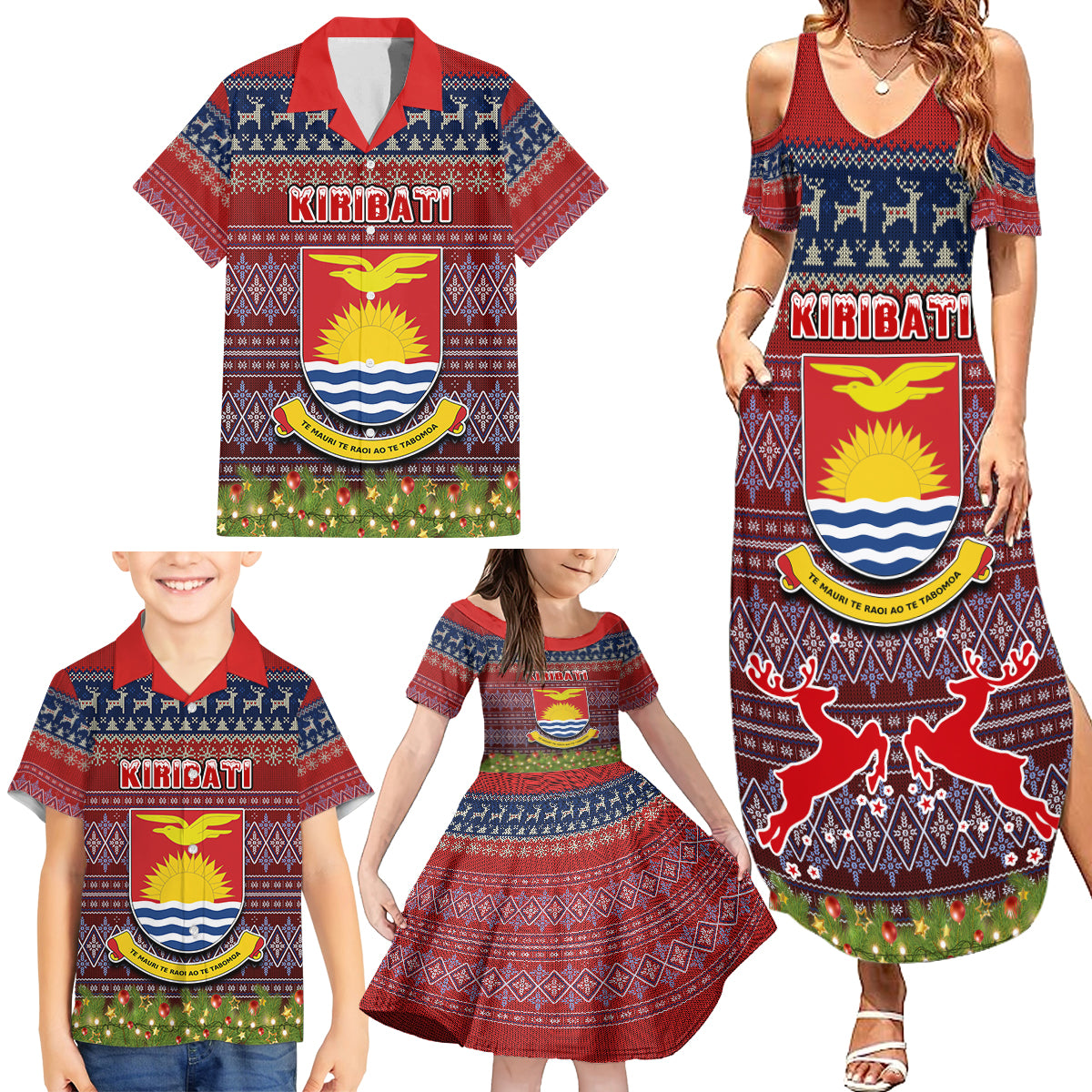 Personalised Kiribati Christmas Family Matching Summer Maxi Dress and Hawaiian Shirt Coat of Arms and Map Beautiful Merry Xmas Snowflake LT03 - Polynesian Pride