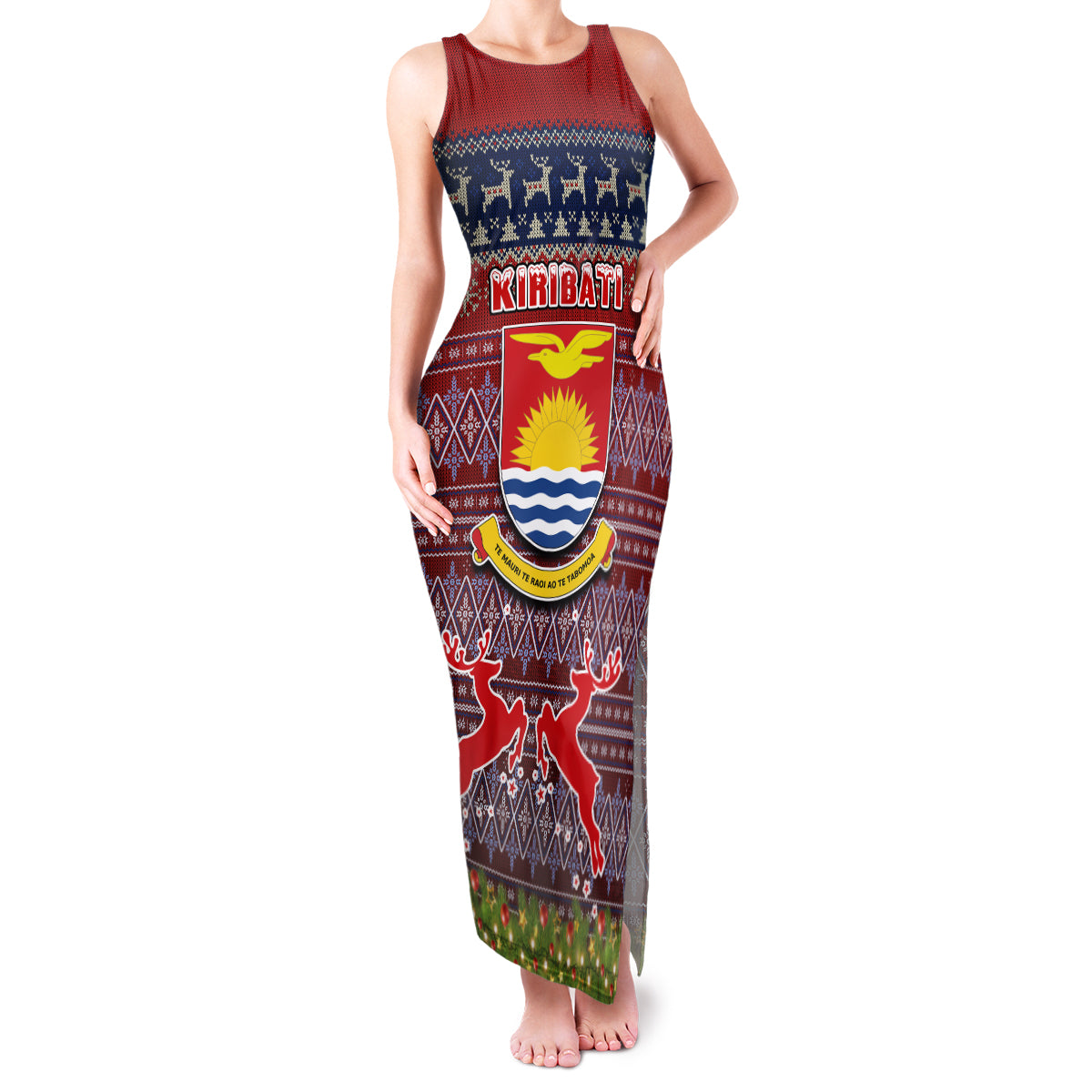 Personalised Kiribati Christmas Family Matching Tank Maxi Dress and Hawaiian Shirt Coat of Arms and Map Beautiful Merry Xmas Snowflake LT03 Mom's Dress Red - Polynesian Pride