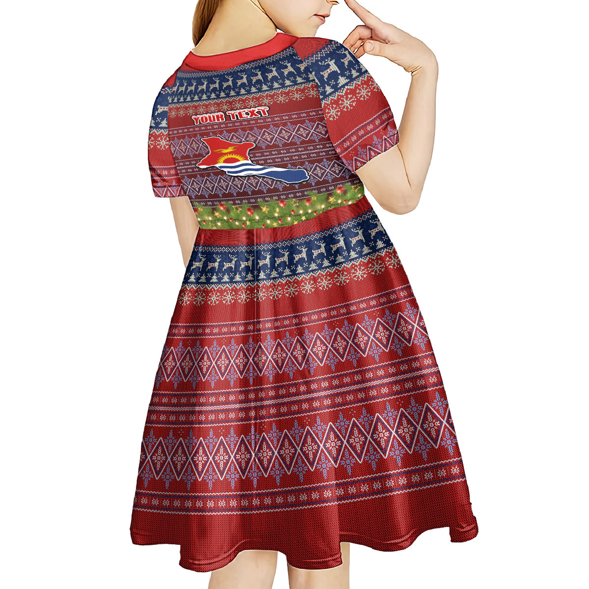 personalised-kiribati-christmas-kid-short-sleeve-dress-coat-of-arms-and-map-beautiful-merry-xmas-snowflake