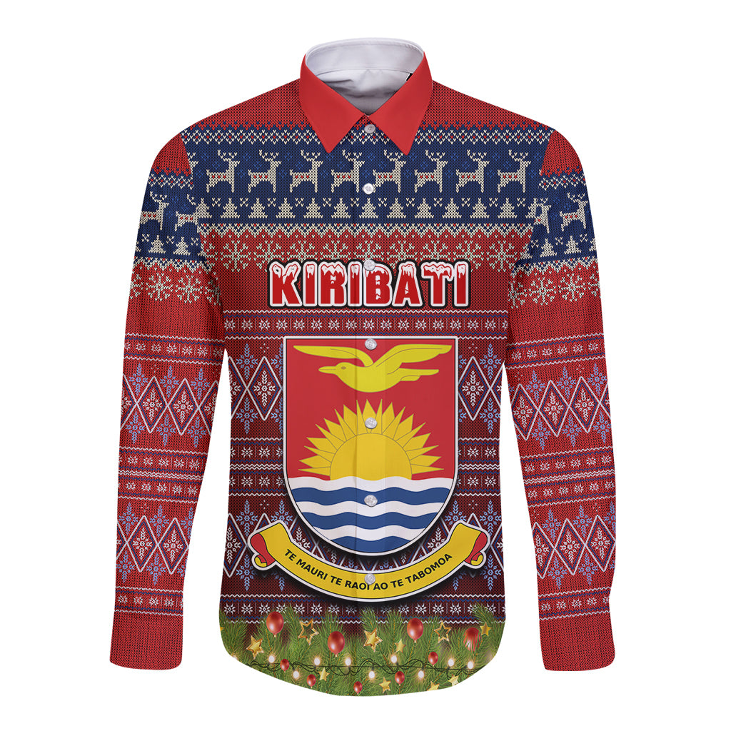 Personalised Kiribati Christmas Long Sleeve Button Shirt Coat of Arms and Map Beautiful Merry Xmas Snowflake LT03 Unisex Red - Polynesian Pride