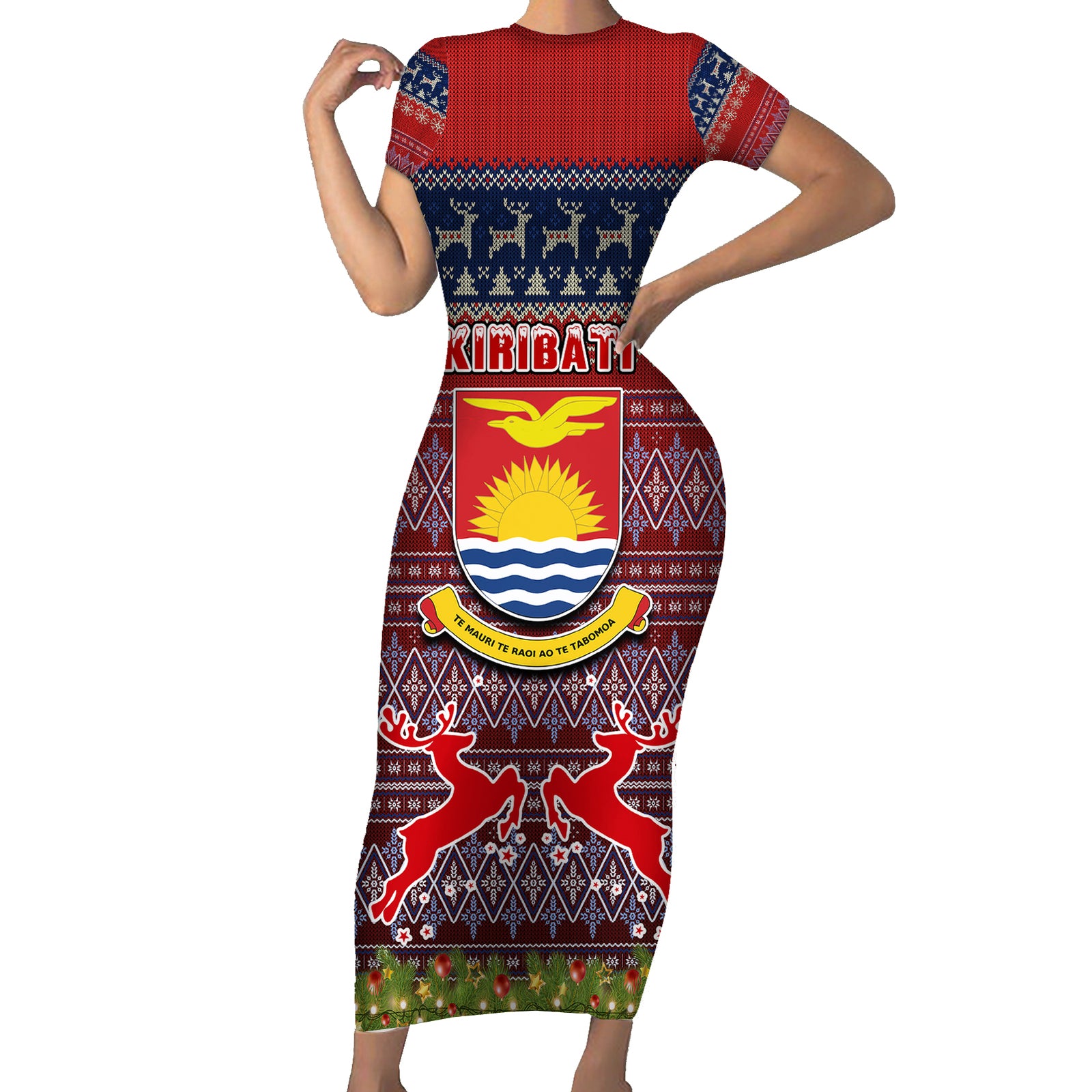 Personalised Kiribati Christmas Short Sleeve Bodycon Dress Coat of Arms and Map Beautiful Merry Xmas Snowflake LT03 Long Dress Red - Polynesian Pride