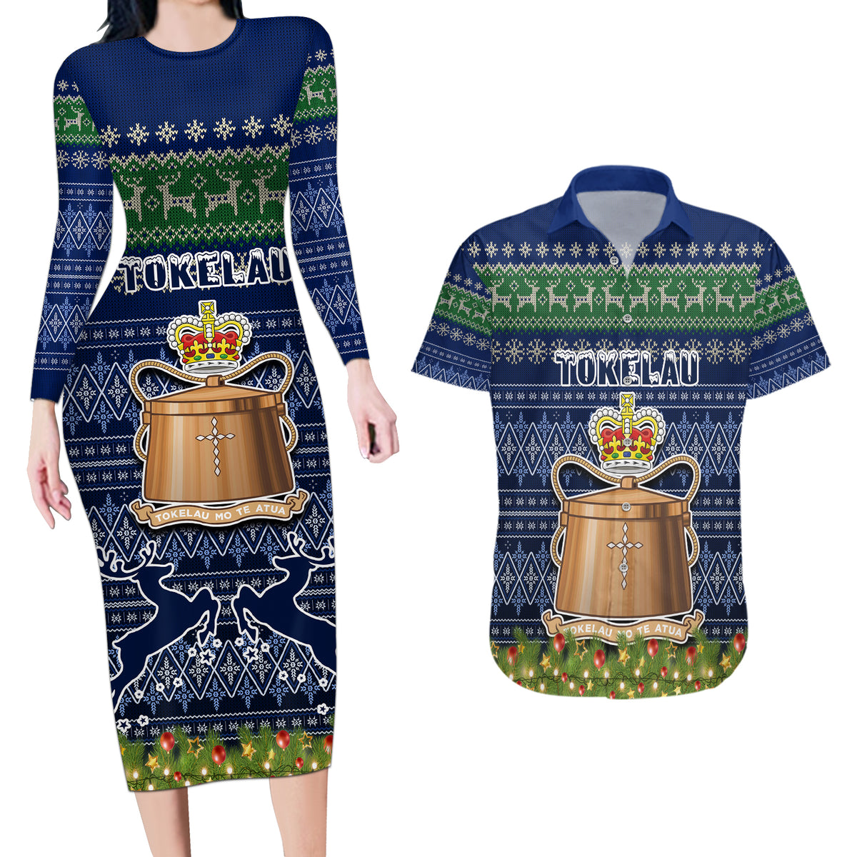 Tokelau Christmas Couples Matching Long Sleeve Bodycon Dress and Hawaiian Shirt Coat of Arms and Map Beautiful Merry Xmas Snowflake LT03 Blue - Polynesian Pride