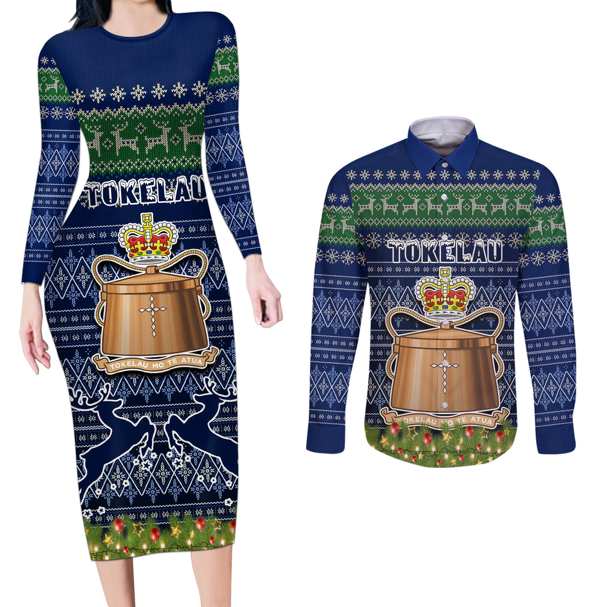 Tokelau Christmas Couples Matching Long Sleeve Bodycon Dress and Long Sleeve Button Shirts Coat of Arms and Map Beautiful Merry Xmas Snowflake LT03 Blue - Polynesian Pride