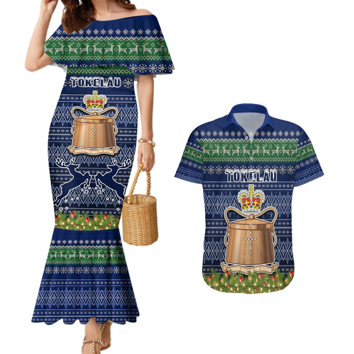 Tokelau Christmas Couples Matching Mermaid Dress and Hawaiian Shirt Coat of Arms and Map Beautiful Merry Xmas Snowflake LT03 Blue - Polynesian Pride