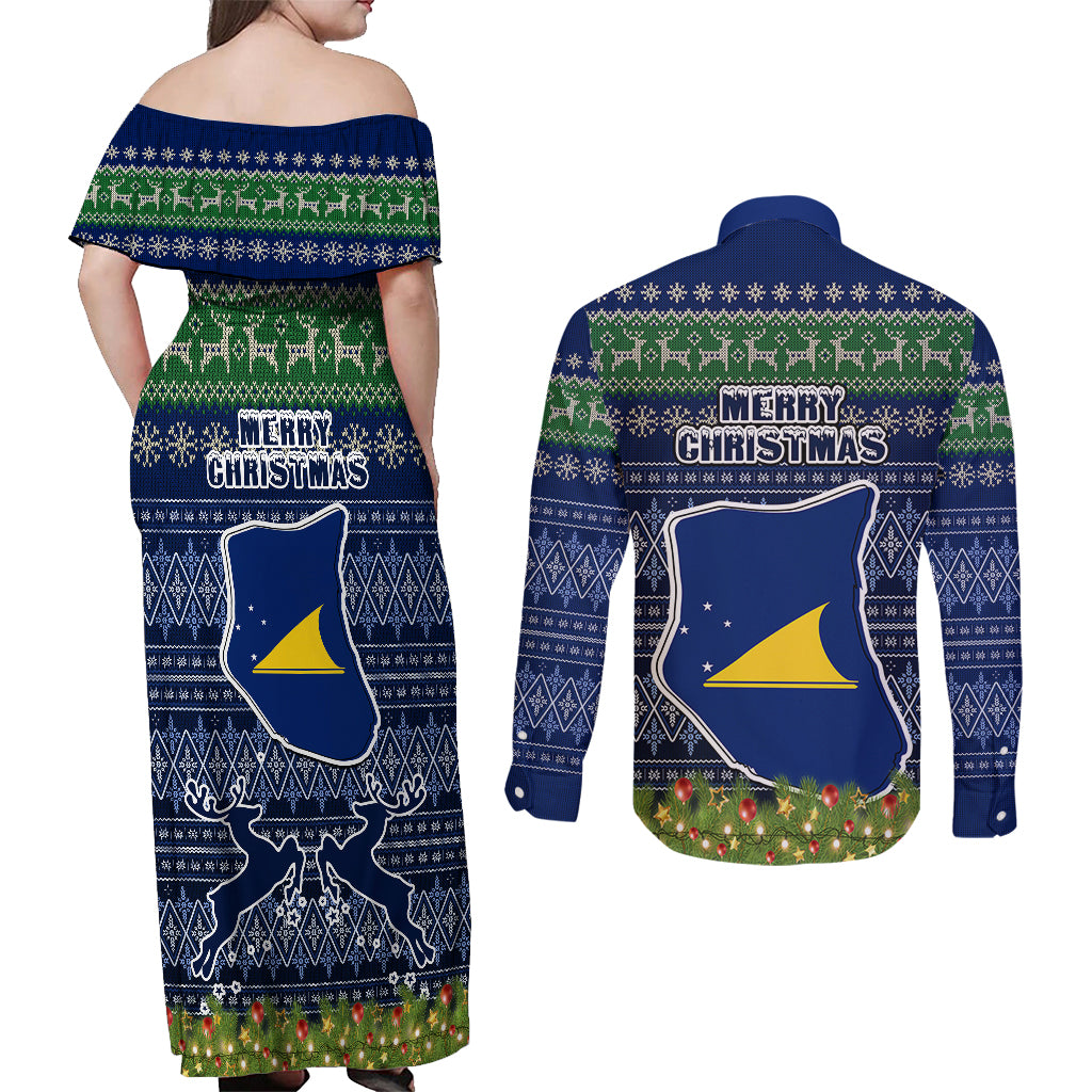 Tokelau Christmas Couples Matching Off Shoulder Maxi Dress and Long Sleeve Button Shirts Coat of Arms and Map Beautiful Merry Xmas Snowflake LT03 - Polynesian Pride