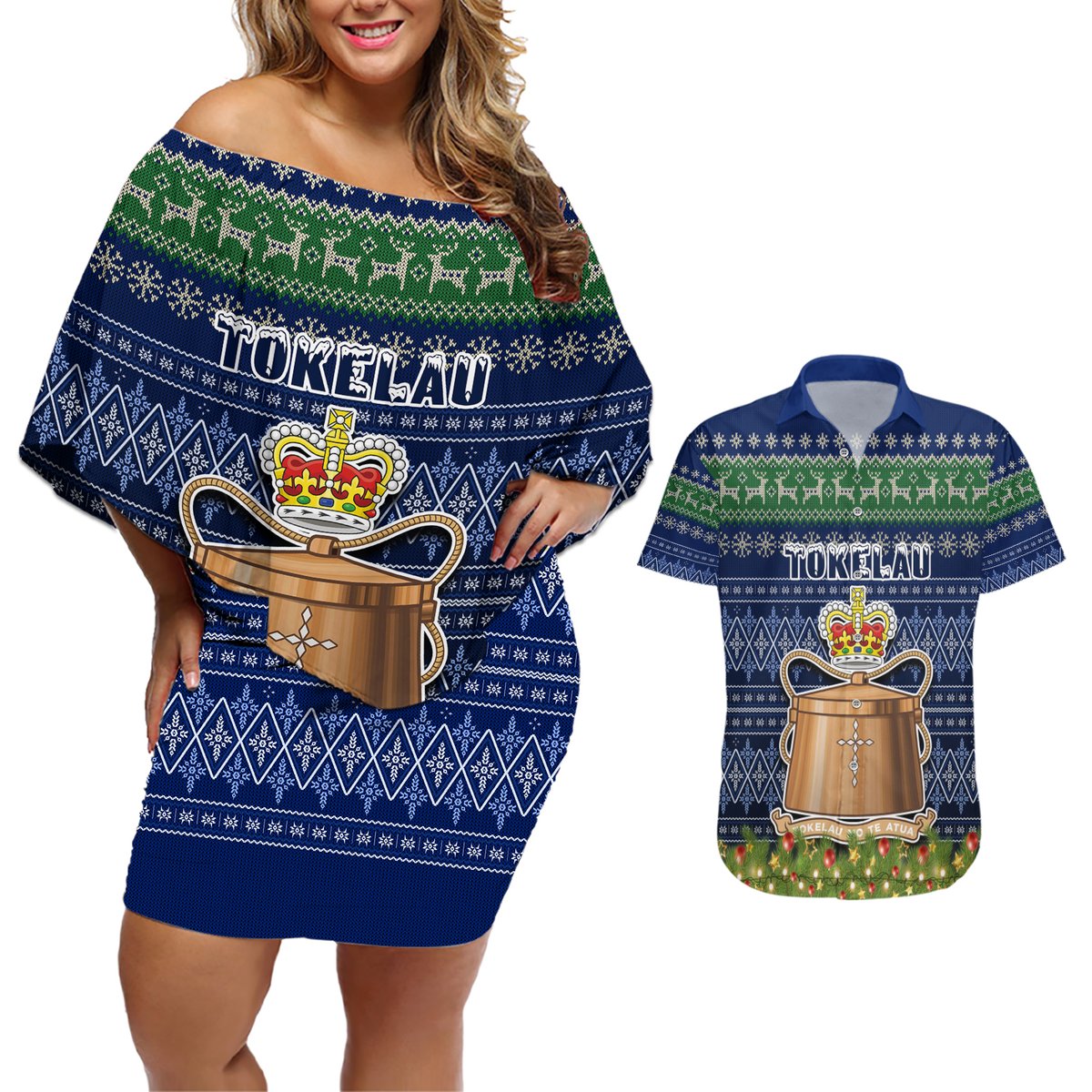 Tokelau Christmas Couples Matching Off Shoulder Short Dress and Hawaiian Shirt Coat of Arms and Map Beautiful Merry Xmas Snowflake LT03 Blue - Polynesian Pride